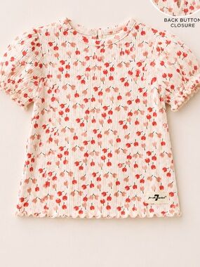 7 For All Mankind Girls 4T Cherry Print Top Puff Sleeve Ribbed Tee Back Button
